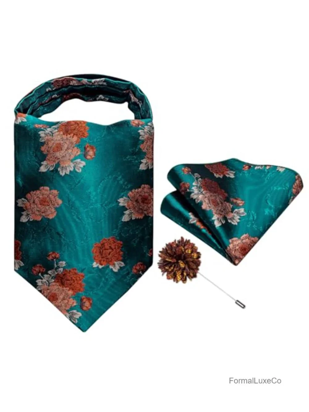Paisley Floral Self Tie Silk Ascot Cravat Set with Pocket Square & Pin